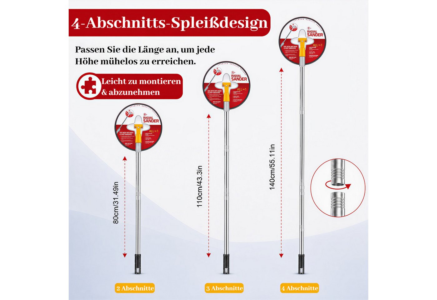 BlingBin Schleifpapier Handschleifer mit Verlängerungsstange & 360° drehbarem 22cm Rundkopf, (15er Set, 15 St., Verfügbare Körnungen Schleifblätter: 80, 120, 150, 180, 240), Klettaufnahme, für Gips und Holz, inkl. 10 Schleifblättern P80–P240