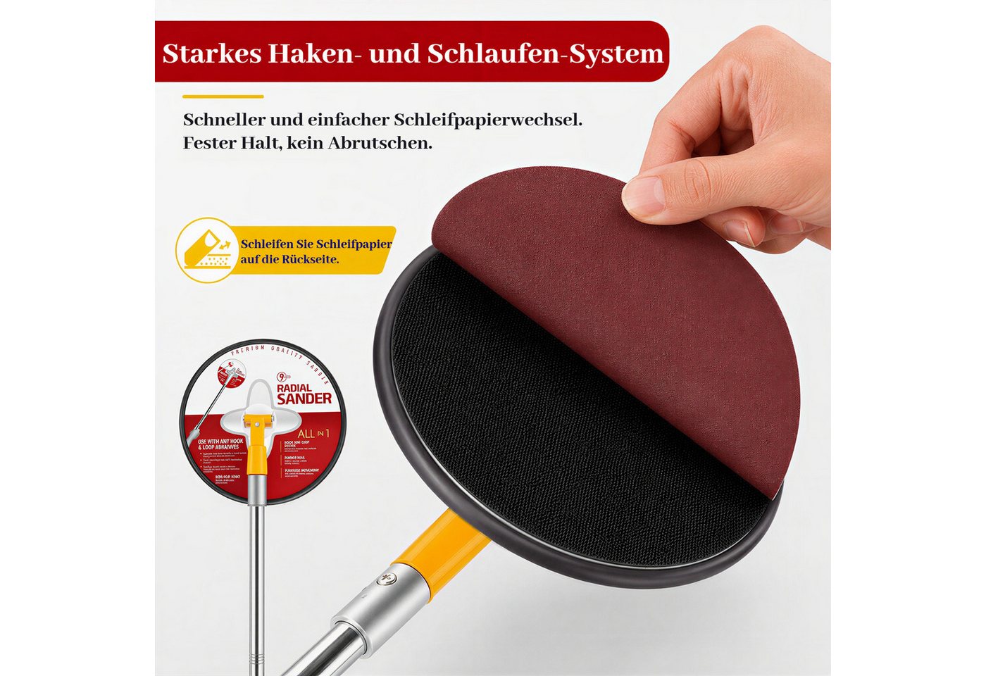 BlingBin Schleifpapier Handschleifer mit Verlängerungsstange & 360° drehbarem 22cm Rundkopf, (15er Set, 15 St., Verfügbare Körnungen Schleifblätter: 80, 120, 150, 180, 240), Klettaufnahme, für Gips und Holz, inkl. 10 Schleifblättern P80–P240 Bild 2