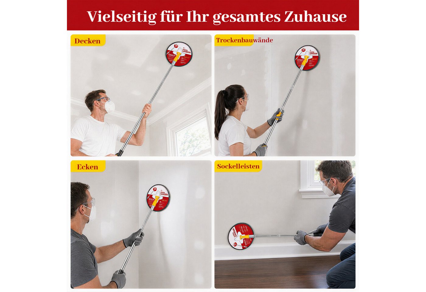 BlingBin Schleifpapier Handschleifer mit Verlängerungsstange & 360° drehbarem 22cm Rundkopf, (15er Set, 15 St., Verfügbare Körnungen Schleifblätter: 80, 120, 150, 180, 240), Klettaufnahme, für Gips und Holz, inkl. 10 Schleifblättern P80–P240 Bild 4