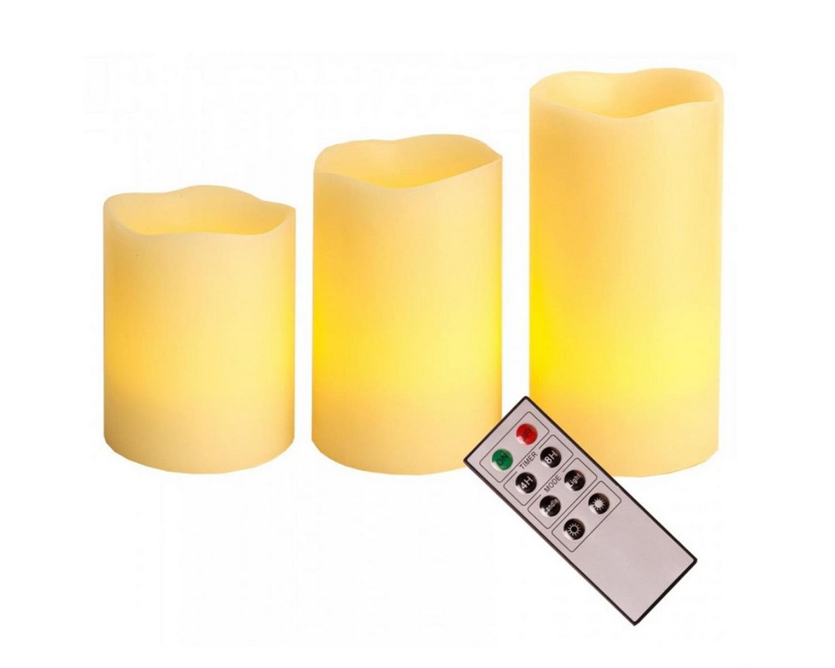 MARELIDA LED-Kerze LED Kerzenset Echtwachs flackernd Timer Fernbedienung creme 3er Set, LED Classic, warmweiß (2100K bis 3000K)