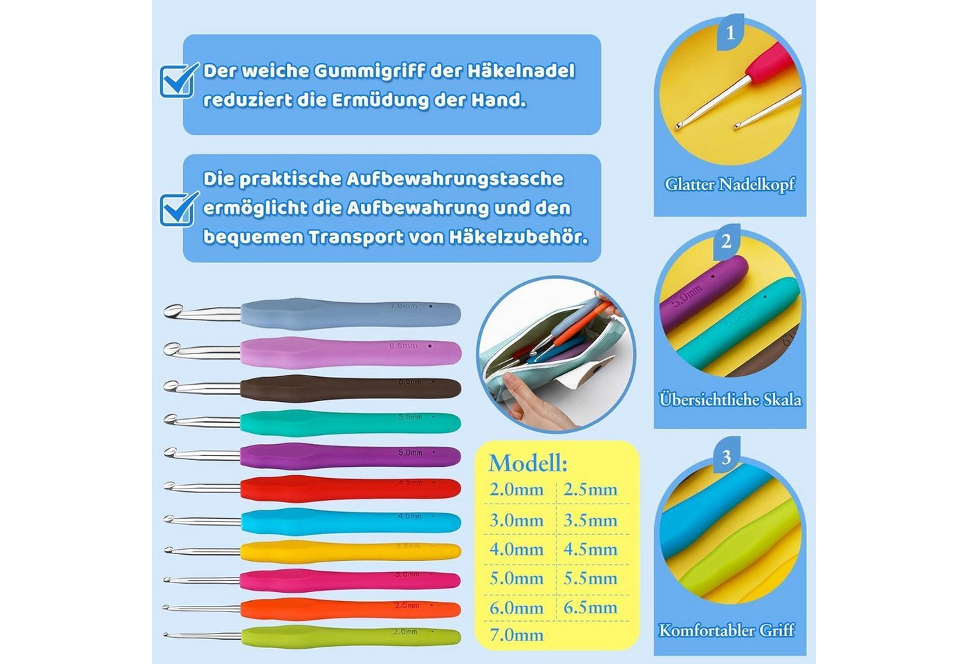 LuxusKollektion Häkelnadeln Häkelnadel Set 11 Größen 32 Stück Etui 2 mm 3 mm 4 mm 5 mm 6 mm 7 mm