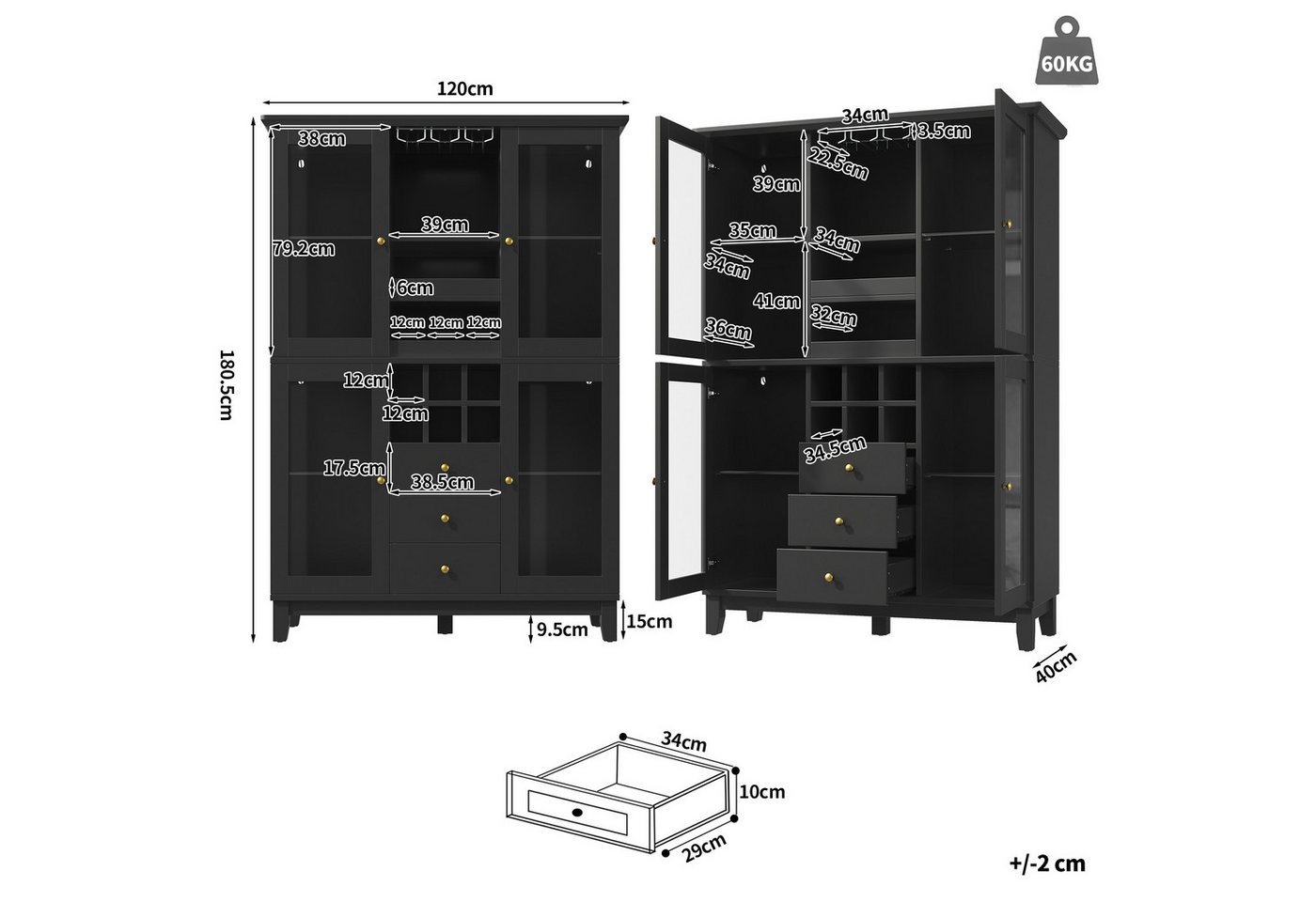 Flieks Küchenbuffet mit LED-Beleuchtung, verstellbaren Glaseinlegeböden und Weinregal (1-St., B120/T40/H180,5 cm) Hochschrank Glasvitrine Weinschrank mit Glastür und Schublade Schwarz
