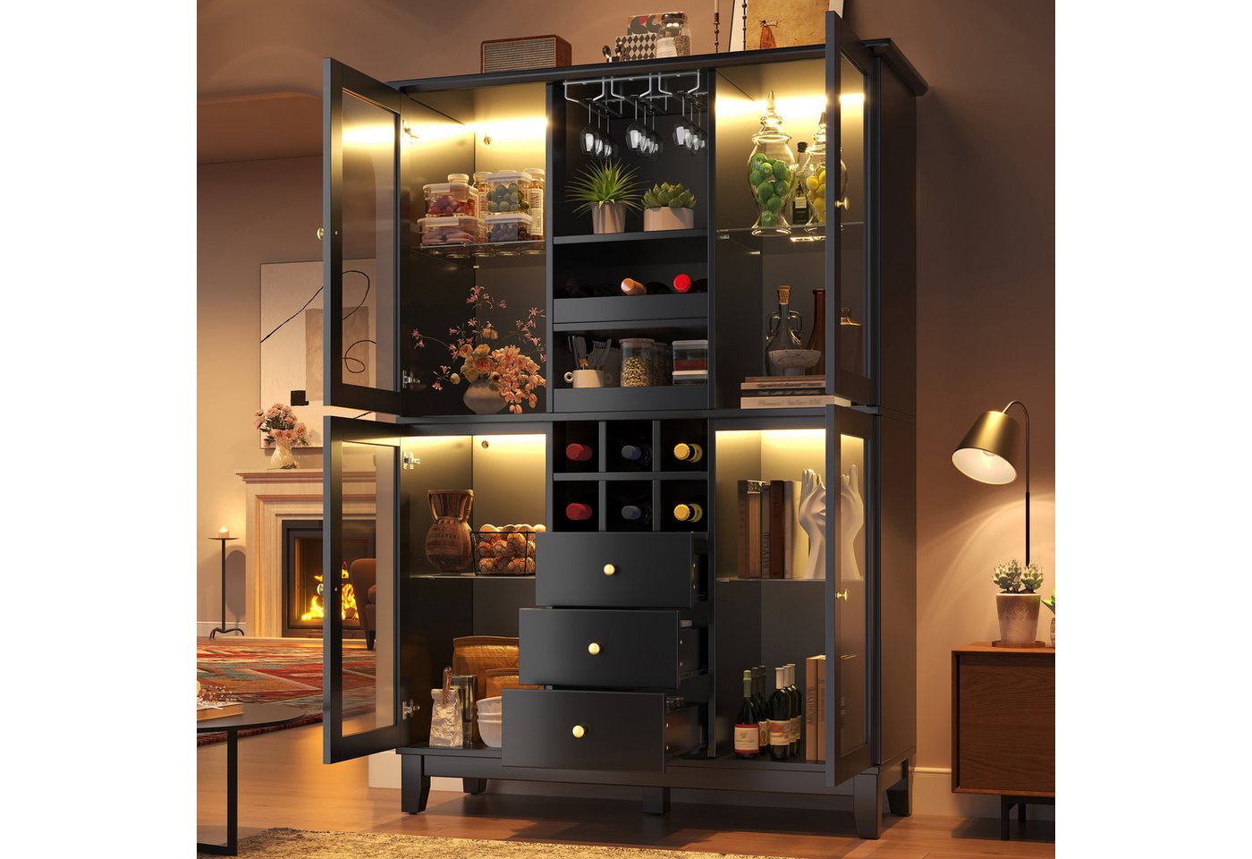Flieks Küchenbuffet mit LED-Beleuchtung, verstellbaren Glaseinlegeböden und Weinregal (1-St., B120/T40/H180,5 cm) Hochschrank Glasvitrine Weinschrank mit Glastür und Schublade Schwarz Bild 2