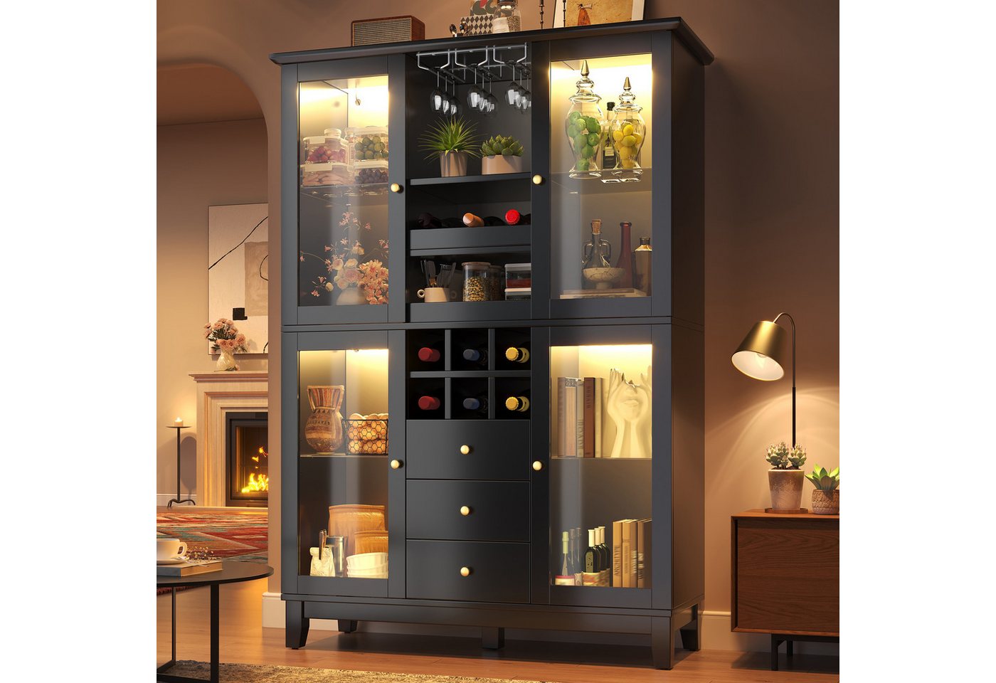 Flieks Küchenbuffet mit LED-Beleuchtung, verstellbaren Glaseinlegeböden und Weinregal (1-St., B120/T40/H180,5 cm) Hochschrank Glasvitrine Weinschrank mit Glastür und Schublade Schwarz Bild 3