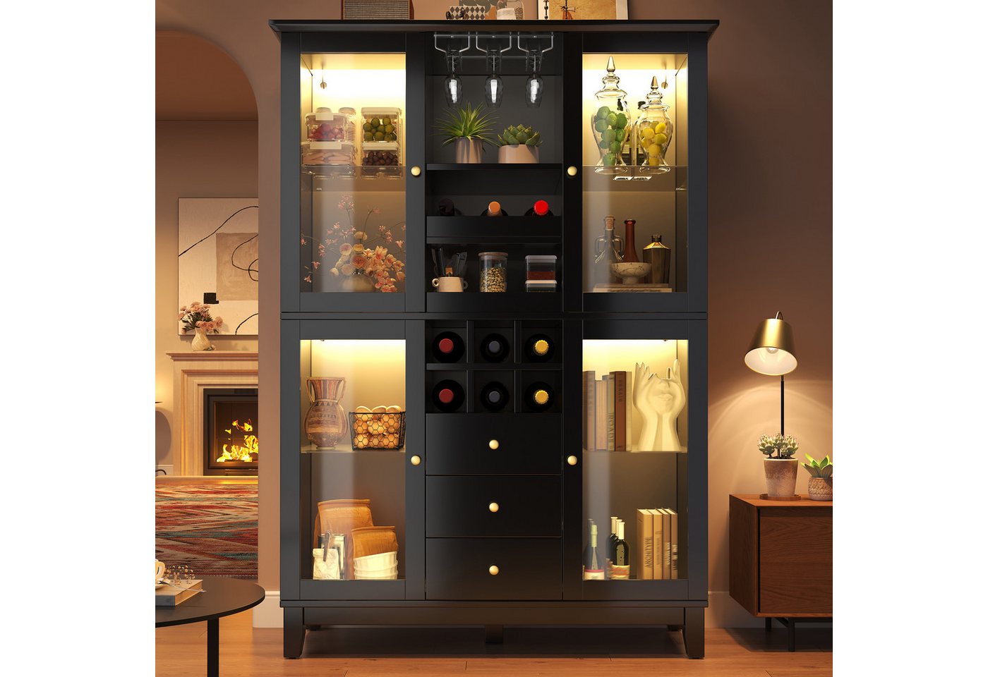 Flieks Küchenbuffet mit LED-Beleuchtung, verstellbaren Glaseinlegeböden und Weinregal (1-St., B120/T40/H180,5 cm) Hochschrank Glasvitrine Weinschrank mit Glastür und Schublade Schwarz Bild 4