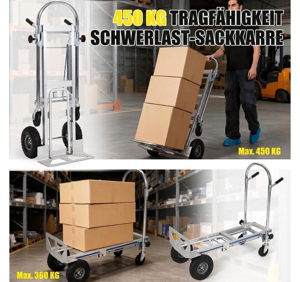 GarveeMore Sackkarre 3-in-1 Transportwagen aus Aluminium, 454 kg Traglast, klappbar, (für Lager, Umzug, Garten, Werkstatt), luftbereifte Räder, 360° schwenkbare Rollen
