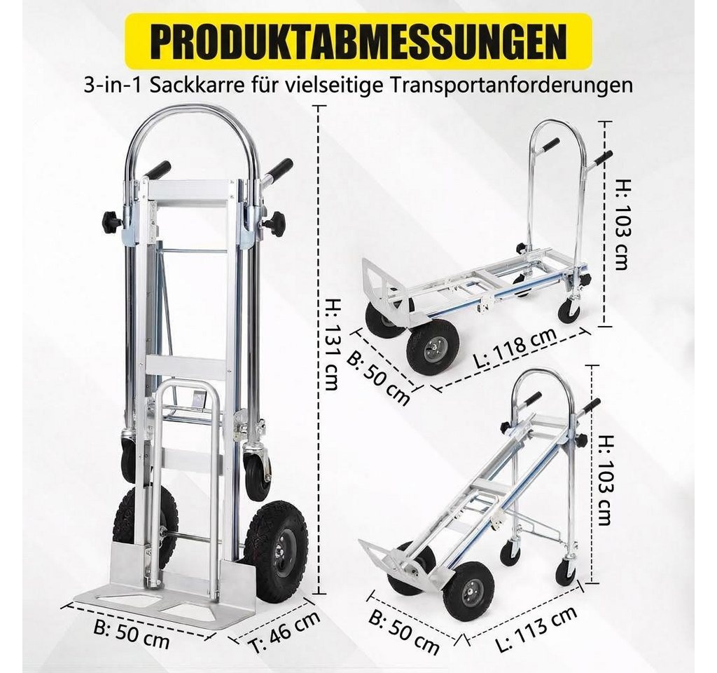 GarveeMore Sackkarre 3-in-1 Transportwagen aus Aluminium, 454 kg Traglast, klappbar, (für Lager, Umzug, Garten, Werkstatt), luftbereifte Räder, 360° schwenkbare Rollen Bild 4