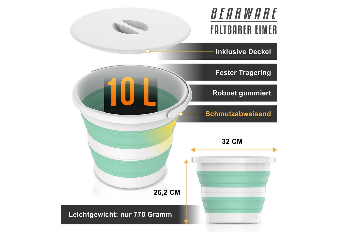 BEARWARE Falteimer Putzeimer 10 l mit Deckel, Campingeimer mit Griff & Öse, rund, (1-tlg), faltbar von 26,2 zu 7 cm, schmutzabweisend, BPA-freies Silikon Bild 2