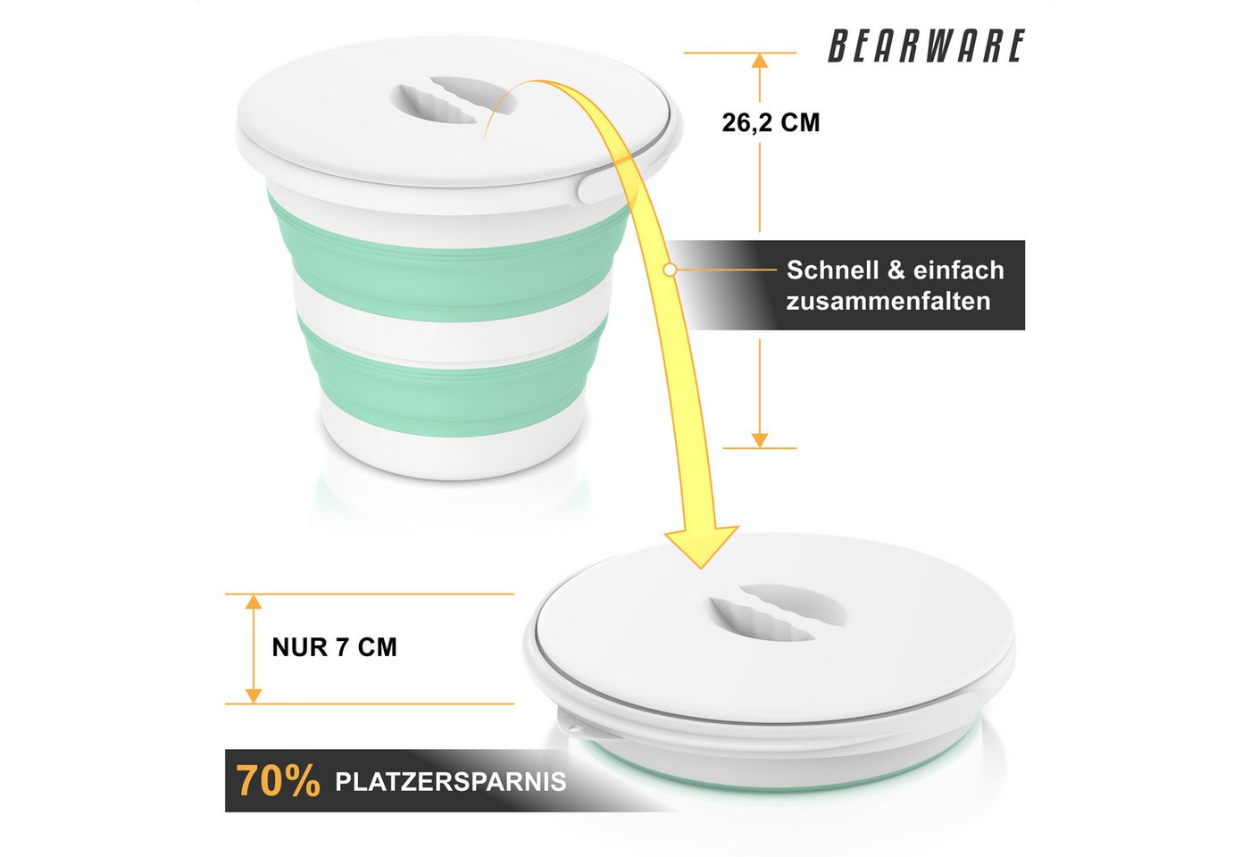 BEARWARE Falteimer Putzeimer 10 l mit Deckel, Campingeimer mit Griff & Öse, rund, (1-tlg), faltbar von 26,2 zu 7 cm, schmutzabweisend, BPA-freies Silikon Bild 3