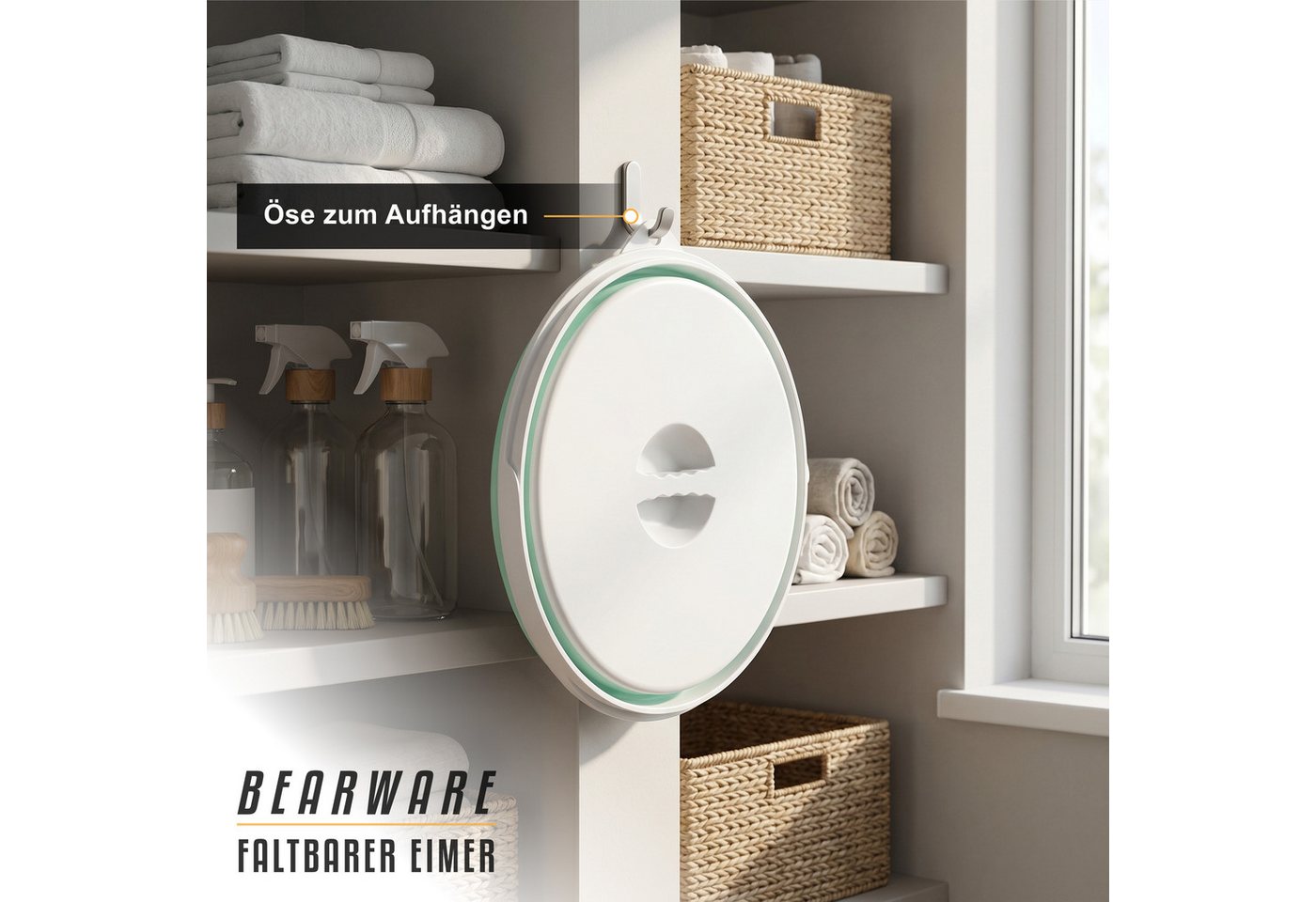 BEARWARE Falteimer Putzeimer 10 l mit Deckel, Campingeimer mit Griff & Öse, rund, (1-tlg), faltbar von 26,2 zu 7 cm, schmutzabweisend, BPA-freies Silikon Bild 4