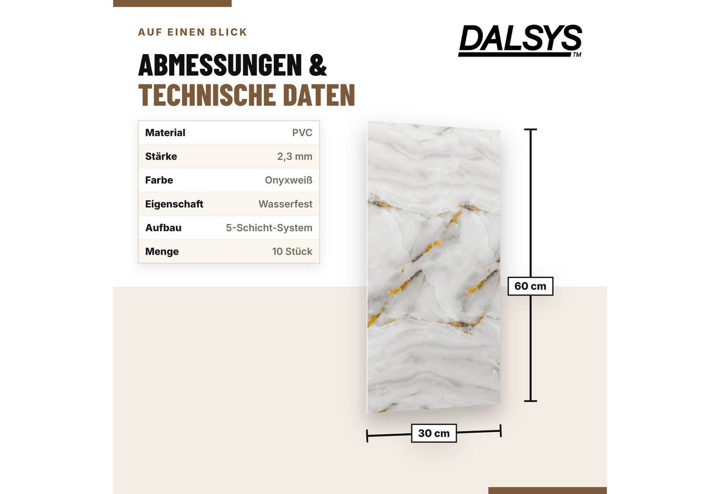 Dalsys Wandpaneel Wandverkleidung selbstklebend aus PVC, BxL: 30x60 cm, (60x30cm Marmoroptik Onyxweiß, 10-tlg., flexible Wandverkleidung Badezimmer wasserfest) 2,3mm Materialstärke, Spritzschutz Küchenrückwand Bild 5