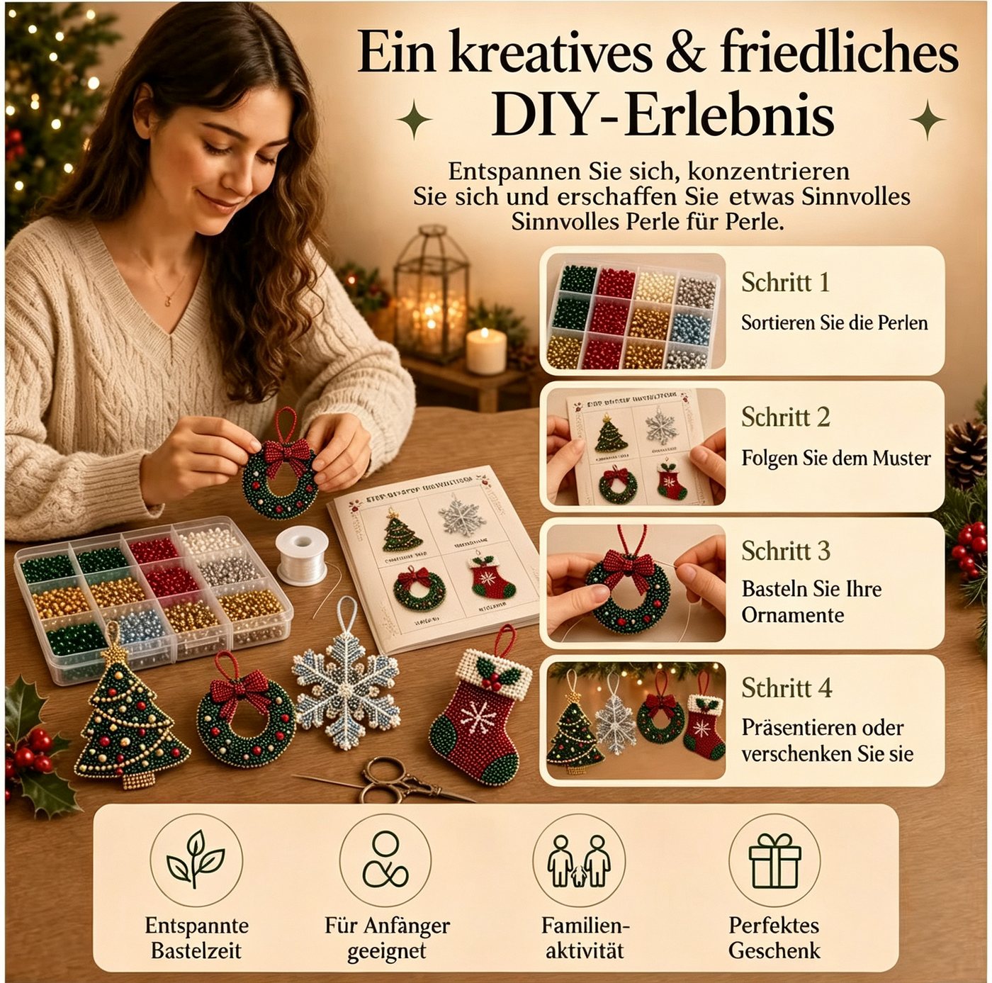 CLTYQ Kreativset Perlen-Kreativset zum Basteln von Weihnachtsdekoration, Erwachsene und Kinder zum DIY-Gestalten von Weihnachtsdekoration