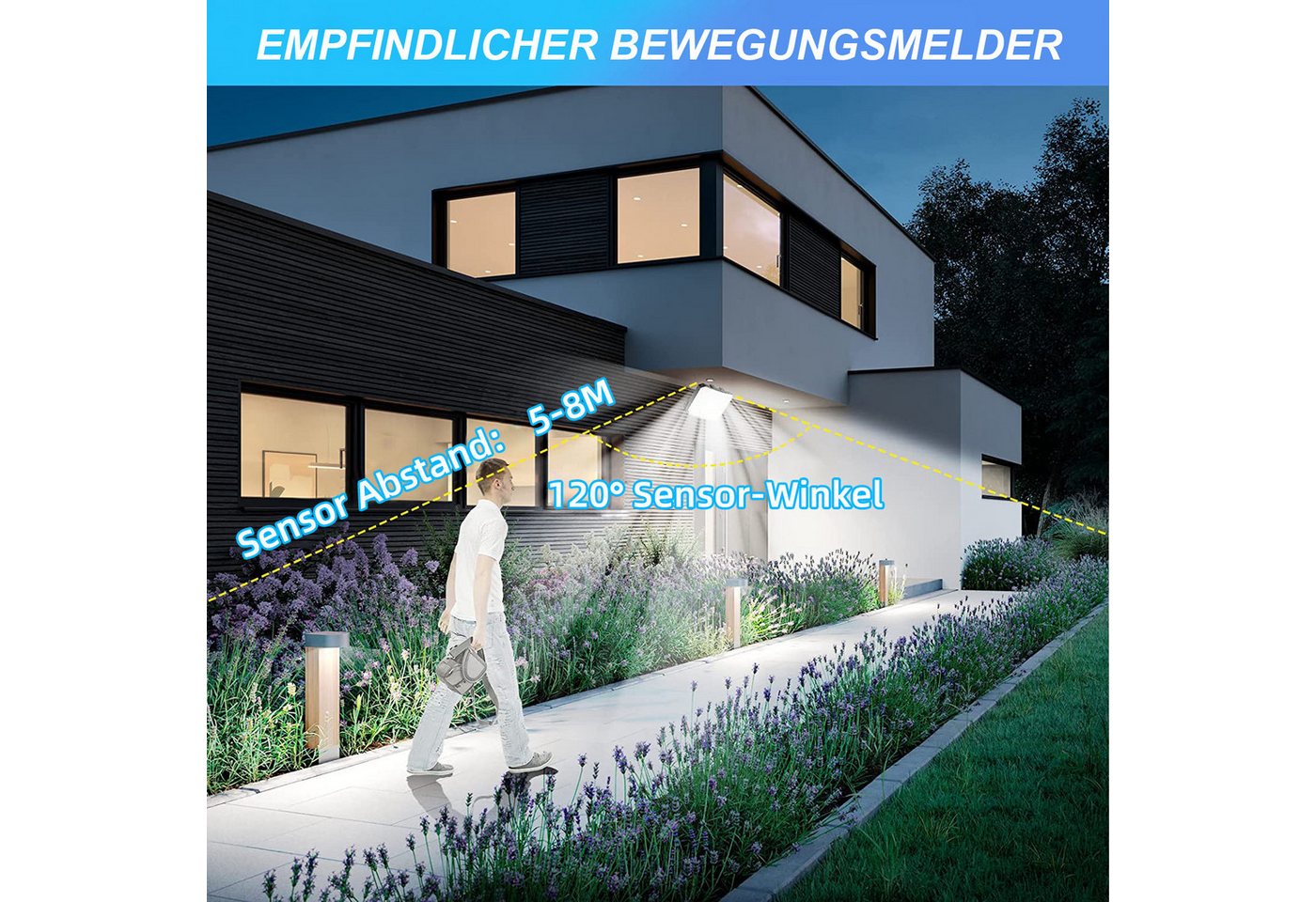 LMaxhome LED Solarleuchte Solarlampen Mit Fernbedienung&Bewegungsmelder Wasserdichte für Garten, 2 St., 118 LEDs, 6000K, 600LM, 3 Modi, Sensor-120°, LED fest integriert Außen Bild 5