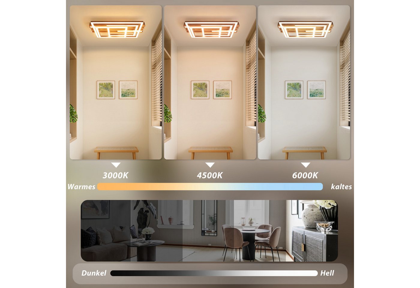 Nettlife LED Deckenleuchte Dimmbar Holz 2/3/4 Ringe Modern Deckenlampe Wohnzimmer, LED fest integriert, 41W 38*20.9*8.8CM für Schlafzimmer Büro Küche