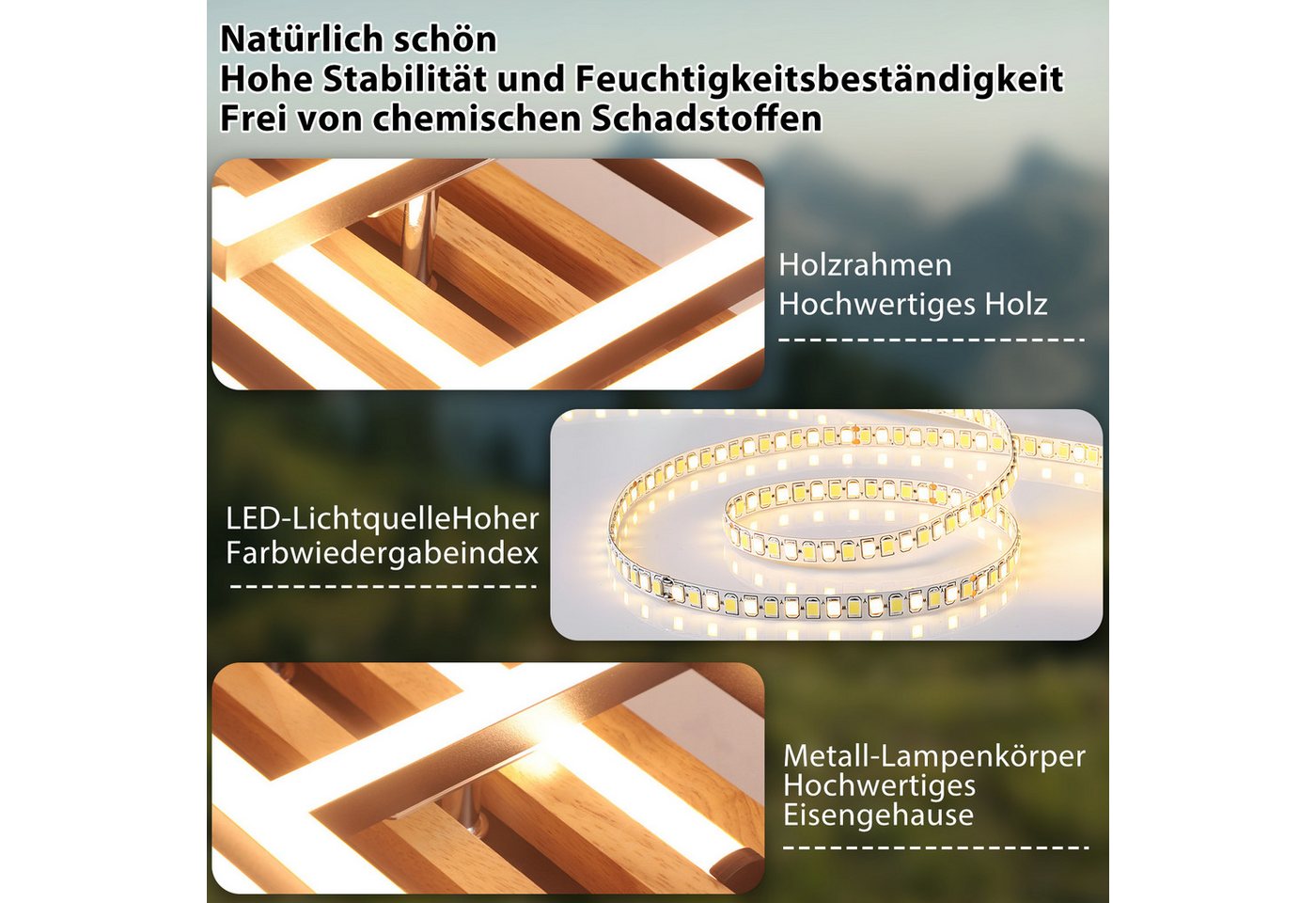 Nettlife LED Deckenleuchte Dimmbar Holz 2/3/4 Ringe Modern Deckenlampe Wohnzimmer, LED fest integriert, 41W 38*20.9*8.8CM für Schlafzimmer Büro Küche Bild 2