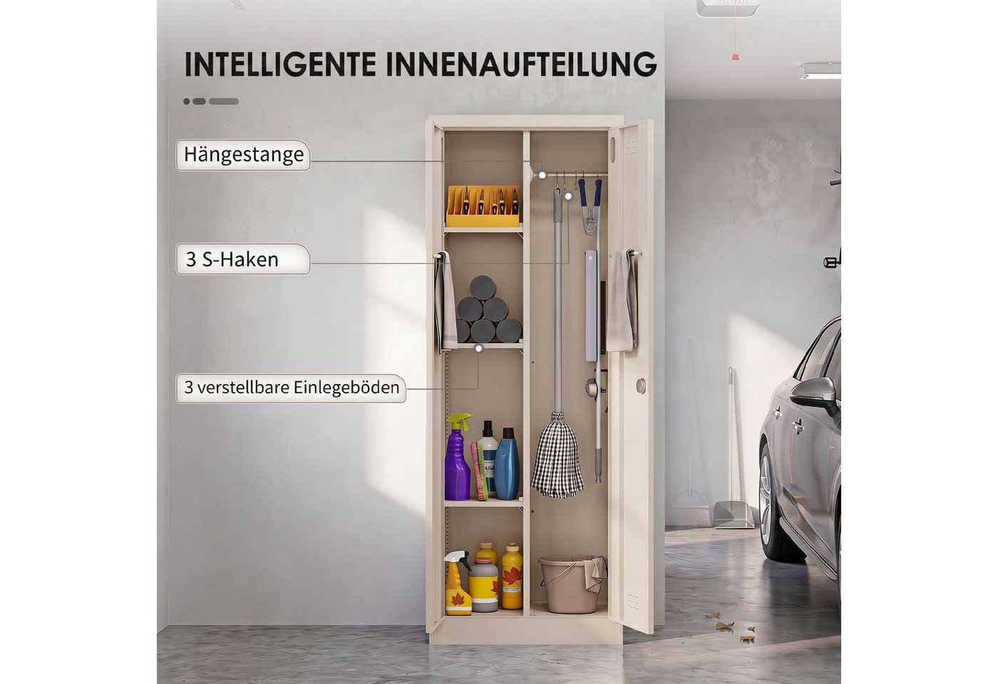 HOMCOM Werkstattwagen Hoher Putzschrank aus Stahl, unbefüllt, max. Traglast:80 kg, 0-tlg. Werkzeugset, (Set, 1-tlg., 1-tlg), 2 Fächer, höhenverstellbare Böden, Schloss