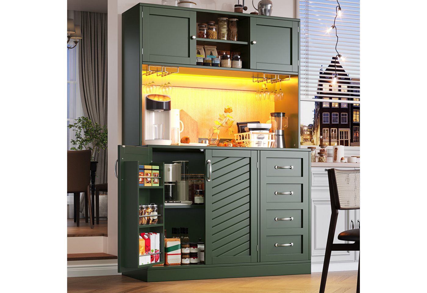 TavilaEcon Küchenbuffet Küchenschrank mit maximalem Stauraum, vier Türen, Schubladen (1-St) mit Getränkehalter, Metallgriffe und Anti-Kipp-System, grün Bild 2