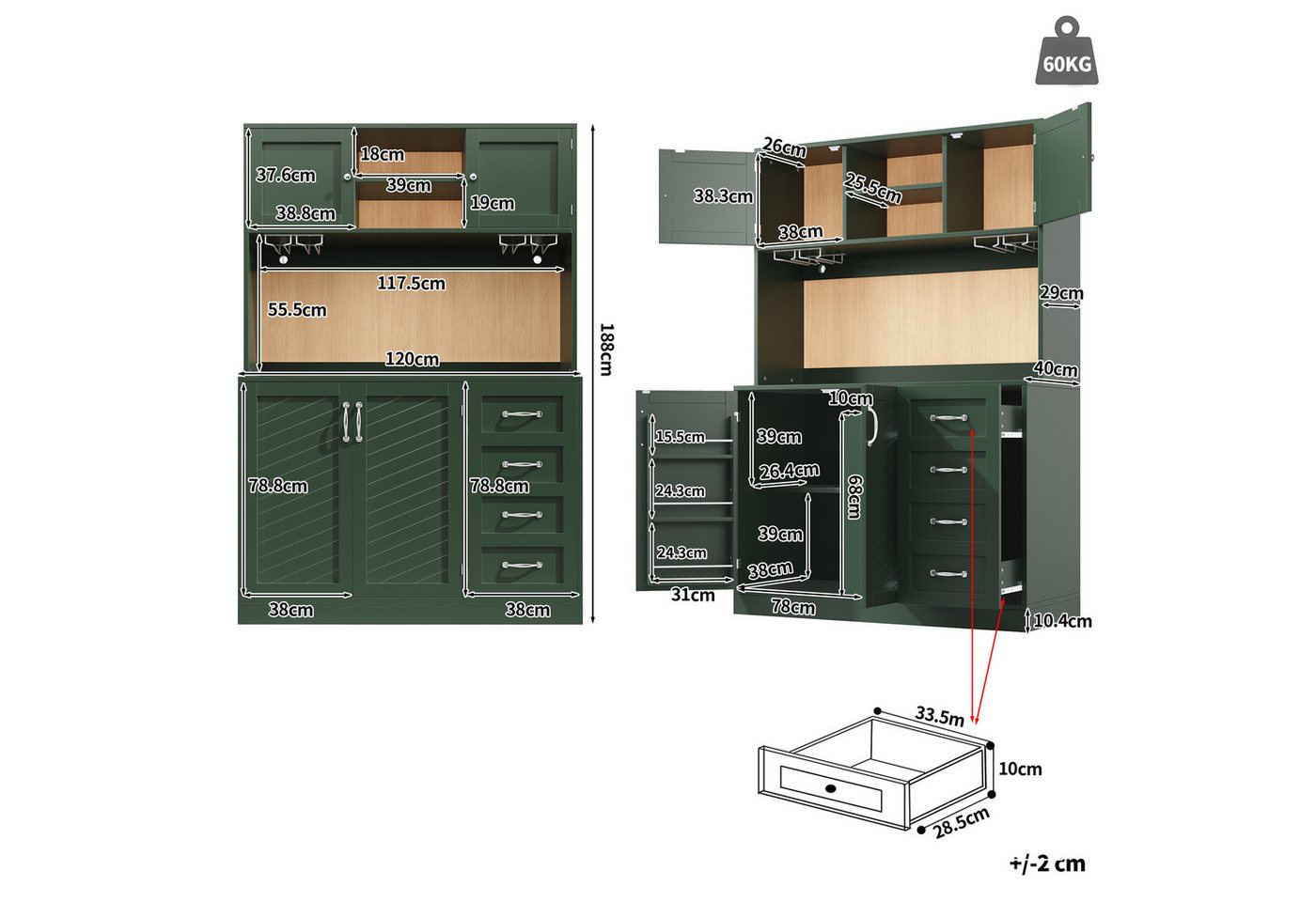 TavilaEcon Küchenbuffet Küchenschrank mit maximalem Stauraum, vier Türen, Schubladen (1-St) mit Getränkehalter, Metallgriffe und Anti-Kipp-System, grün Bild 3