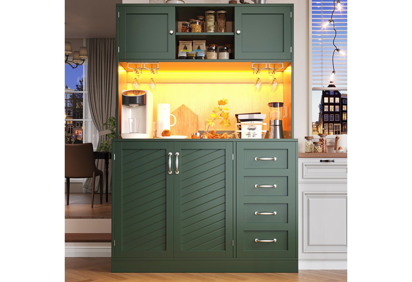 TavilaEcon Küchenbuffet Küchenschrank mit maximalem Stauraum, vier Türen, Schubladen (1-St) mit Getränkehalter, Metallgriffe und Anti-Kipp-System, grün Bild 4
