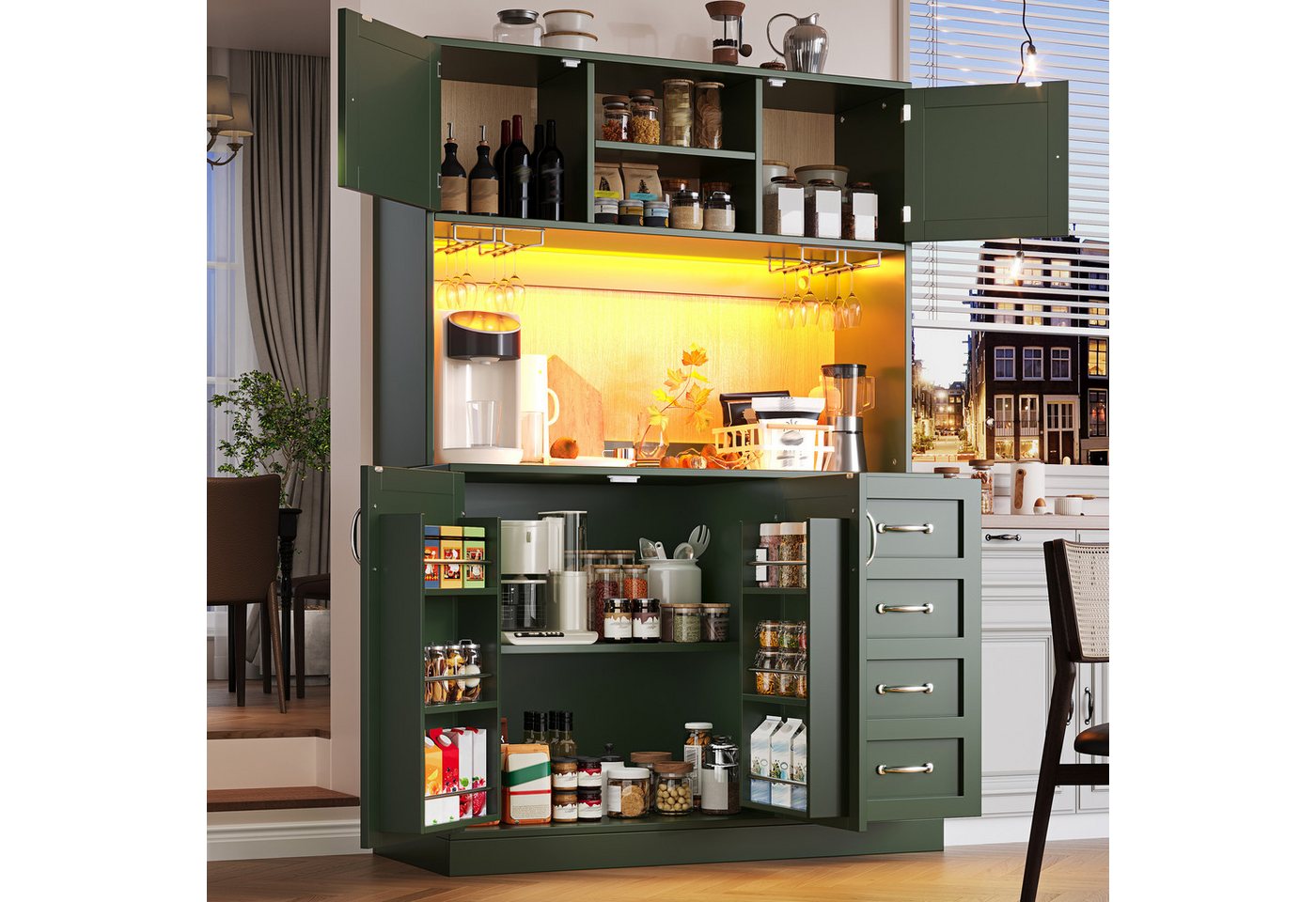 TavilaEcon Küchenbuffet Küchenschrank mit maximalem Stauraum, vier Türen, Schubladen (1-St) mit Getränkehalter, Metallgriffe und Anti-Kipp-System, grün Bild 5
