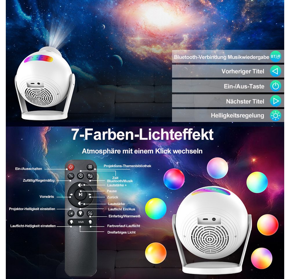 VASOUN LED-Sternenhimmel LED-Sternenhimmel Projektor HD 3D Galaxy Projector Nachtlicht Kinder, Bluetooth-Lautsprecher, Fernbedienung, Timer, 60 Projektionsthemen Bild 4