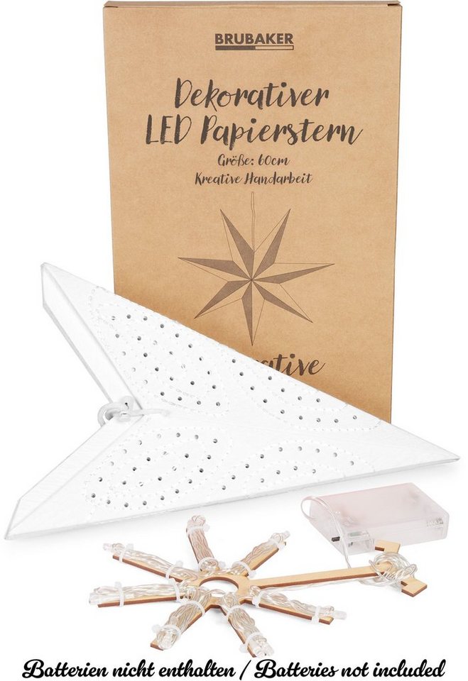 BRUBAKER LED Stern 60 cm Papier Weihnachtsstern zum Aufhängen - LED Adventsstern, Hängender Leuchtstern - Beleuchtbar mit Batterie, LED fest integriert, Warmweiß, Weihnachtsdeko für Fenster - 3D Papierstern mit Timer-Funktion Bild 2