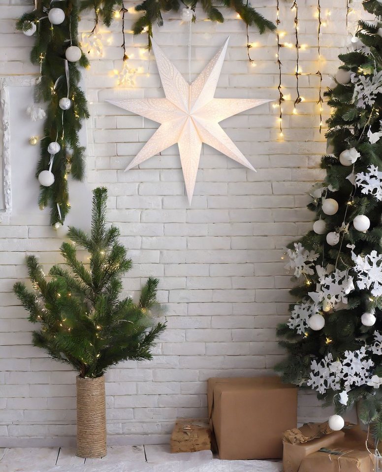 BRUBAKER LED Stern 60 cm Papier Weihnachtsstern zum Aufhängen - LED Adventsstern, Hängender Leuchtstern - Beleuchtbar mit Batterie, LED fest integriert, Warmweiß, Weihnachtsdeko für Fenster - 3D Papierstern mit Timer-Funktion Bild 3