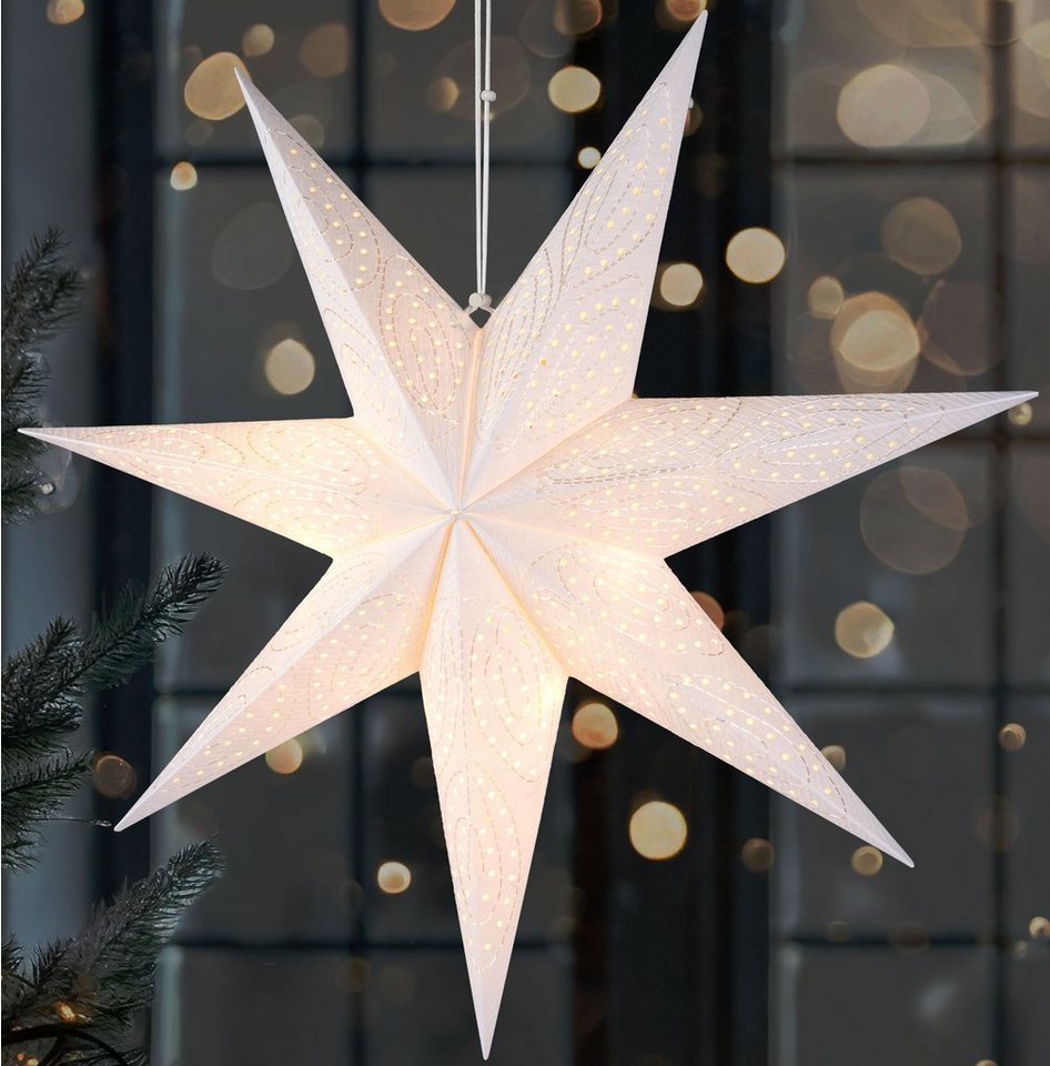 BRUBAKER LED Stern 60 cm Papier Weihnachtsstern zum Aufhängen - LED Adventsstern, Hängender Leuchtstern - Beleuchtbar mit Batterie, LED fest integriert, Warmweiß, Weihnachtsdeko für Fenster - 3D Papierstern mit Timer-Funktion Bild 4
