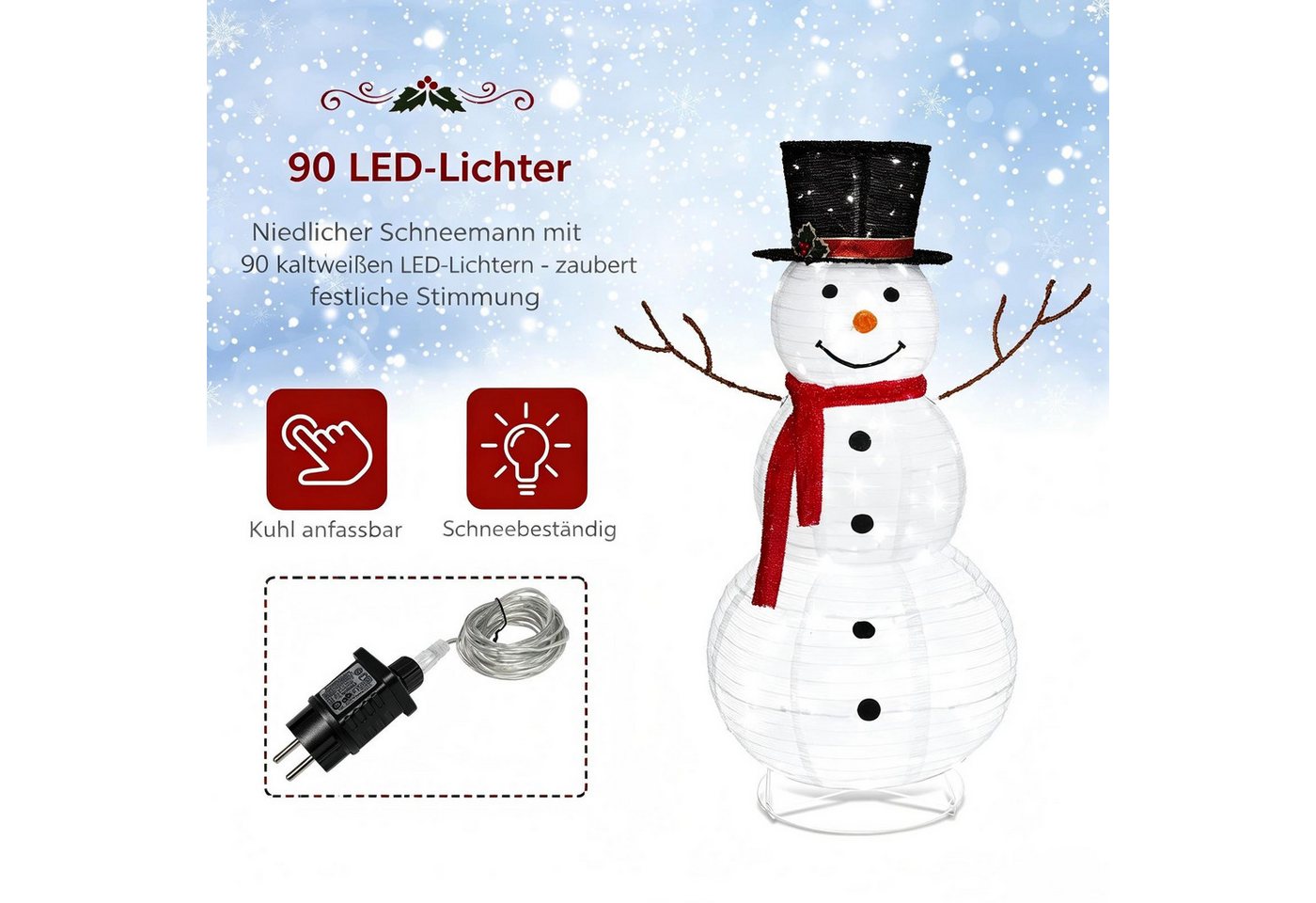 VINGLI LED Dekofigur Beleuchteter Schneemann. Weihnachtsdekoration innen & außen, 90 LED fest integriert, Kaltweiß, Schneemann, Höhe ca. 120 cm
