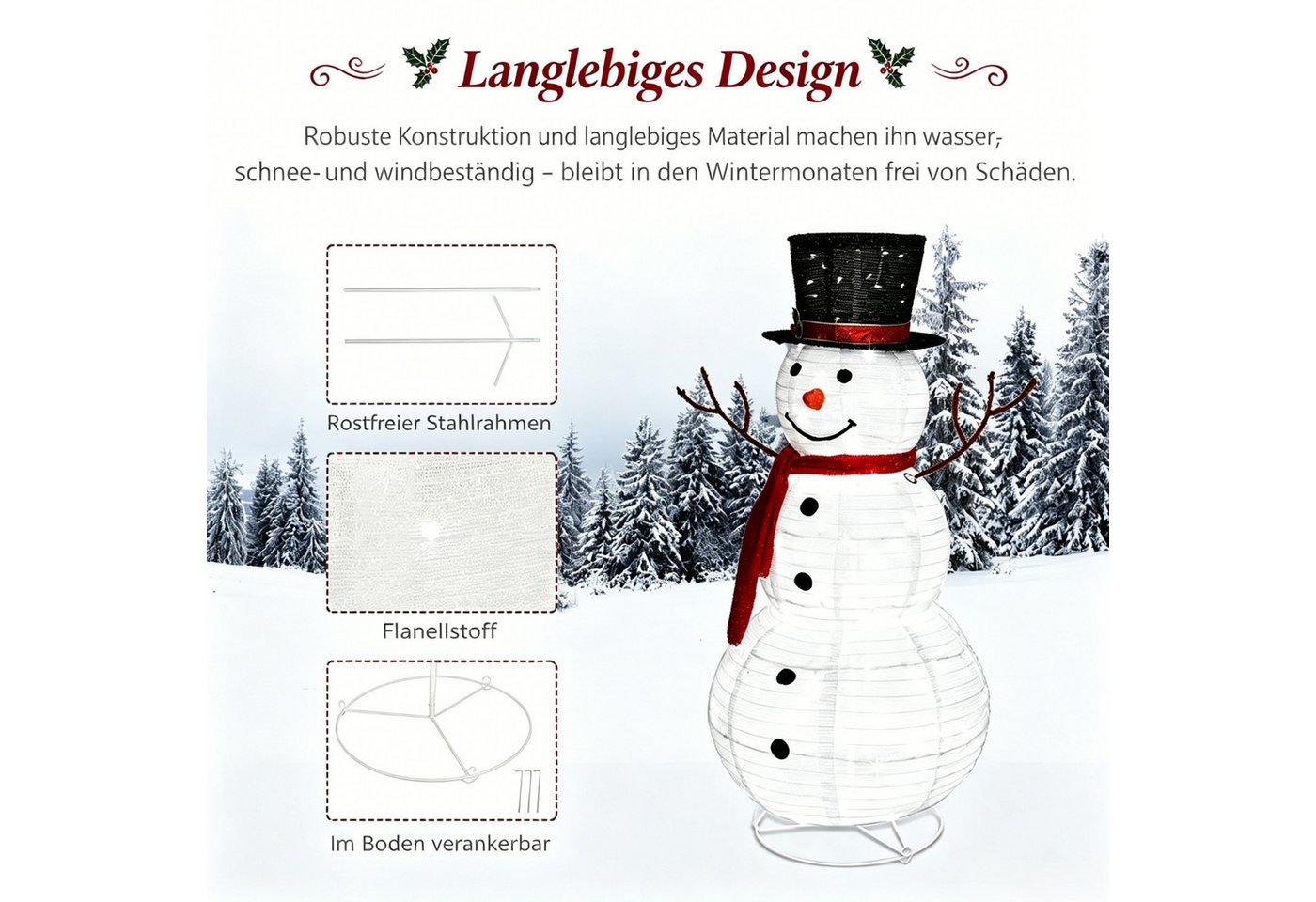 VINGLI LED Dekofigur Beleuchteter Schneemann. Weihnachtsdekoration innen & außen, 90 LED fest integriert, Kaltweiß, Schneemann, Höhe ca. 120 cm Bild 2