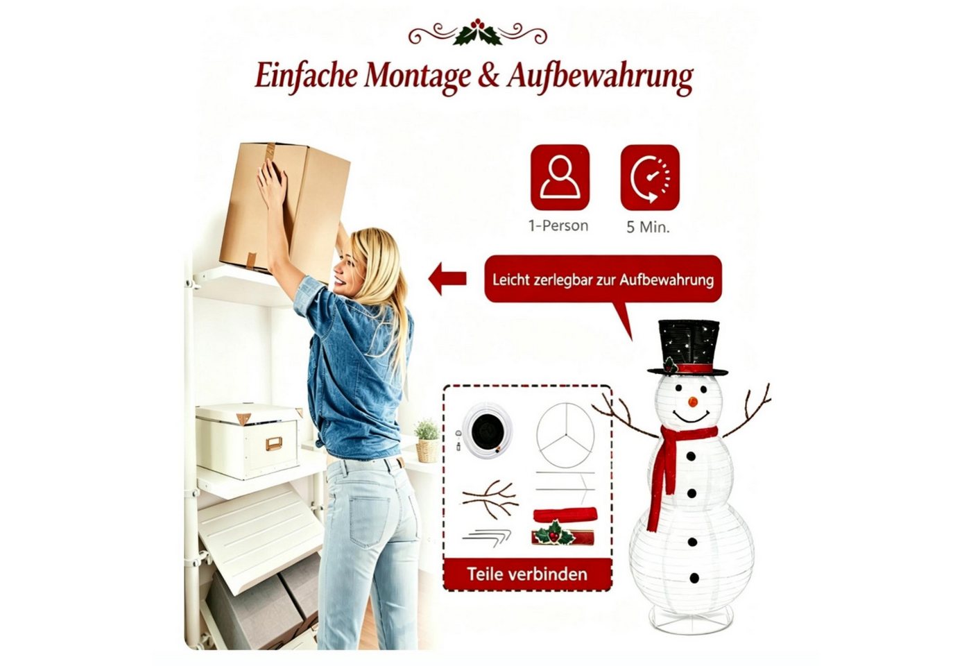 VINGLI LED Dekofigur Beleuchteter Schneemann. Weihnachtsdekoration innen & außen, 90 LED fest integriert, Kaltweiß, Schneemann, Höhe ca. 120 cm Bild 3