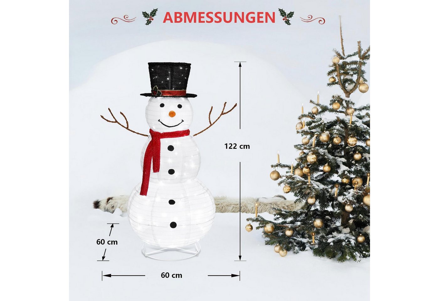 VINGLI LED Dekofigur Beleuchteter Schneemann. Weihnachtsdekoration innen & außen, 90 LED fest integriert, Kaltweiß, Schneemann, Höhe ca. 120 cm Bild 5
