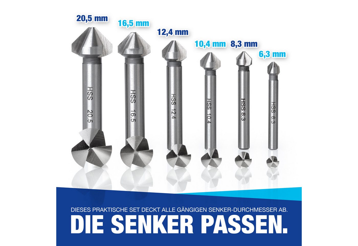 NTG Nutzfahrzeug Technik GmbH Kegelsenker Set 6,3-20,5 mm, 6-tlg, Kegelsenker 90°, HSS Stahl + Entgrater