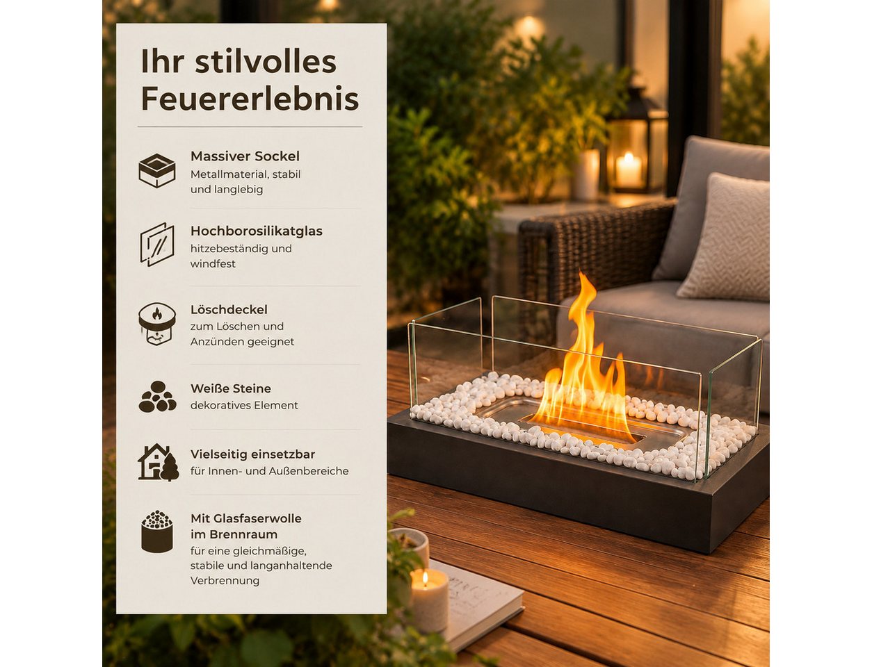Nettlife Tischfeuer Ethanol Tischkamin Indoor Outdoor Eckig/Rund Kamin Tischfeuerstelle (Set, Für Balkon Schlafzimmer Zuhause), Geschenkideen oder als stilvolle Tischdekoration Bild 3