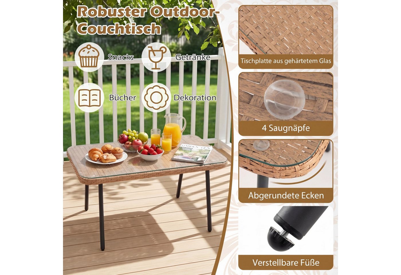 COSTWAY Gartensofa, 3-teiliges Gartenmöbel Set mit Couchtisch, 5 Kissen
