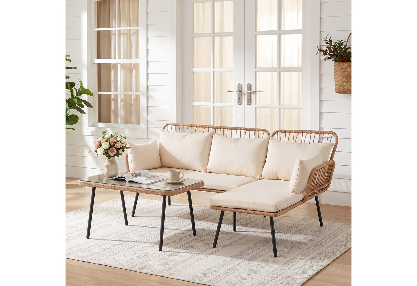 COSTWAY Gartensofa, 3-teiliges Gartenmöbel Set mit Couchtisch, 5 Kissen Bild 2