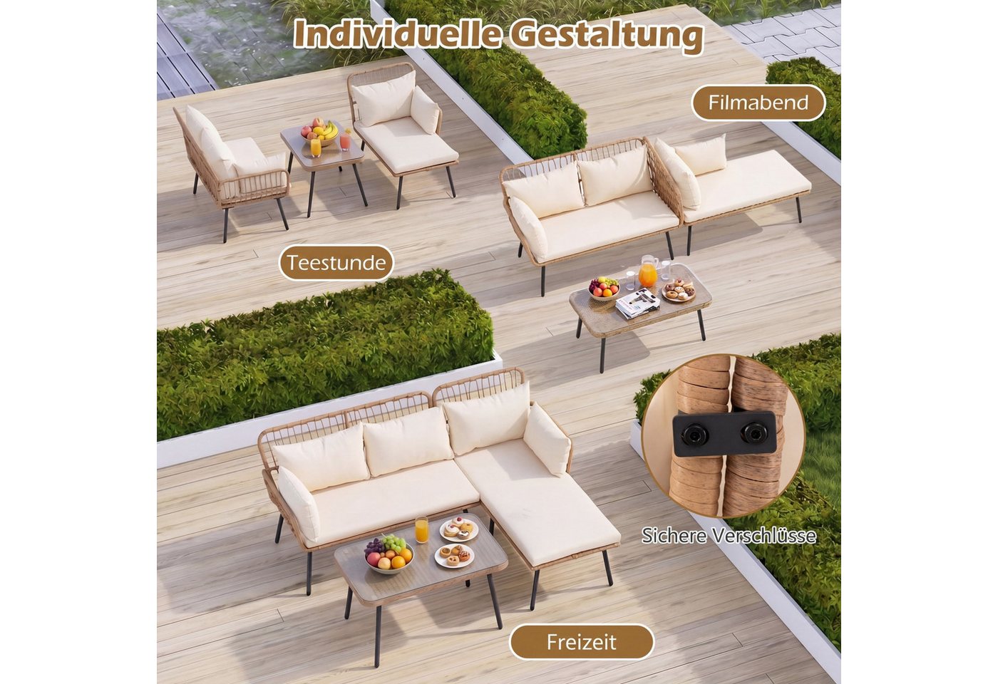 COSTWAY Gartensofa, 3-teiliges Gartenmöbel Set mit Couchtisch, 5 Kissen Bild 3