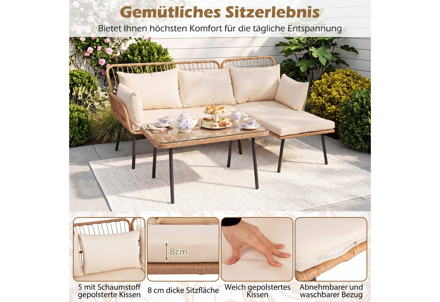 COSTWAY Gartensofa, 3-teiliges Gartenmöbel Set mit Couchtisch, 5 Kissen Bild 4