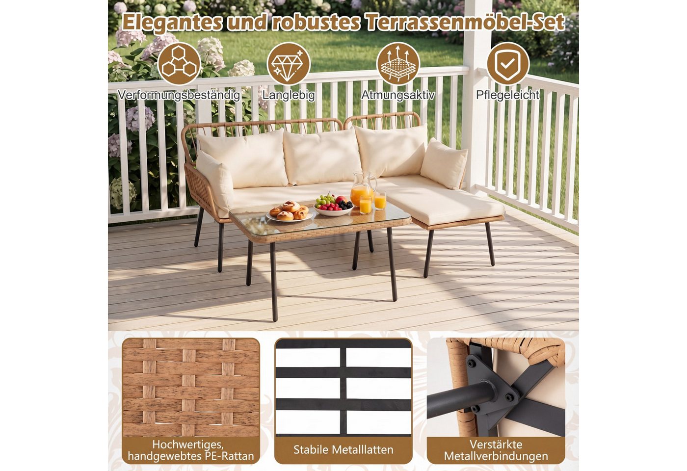 COSTWAY Gartensofa, 3-teiliges Gartenmöbel Set mit Couchtisch, 5 Kissen Bild 5