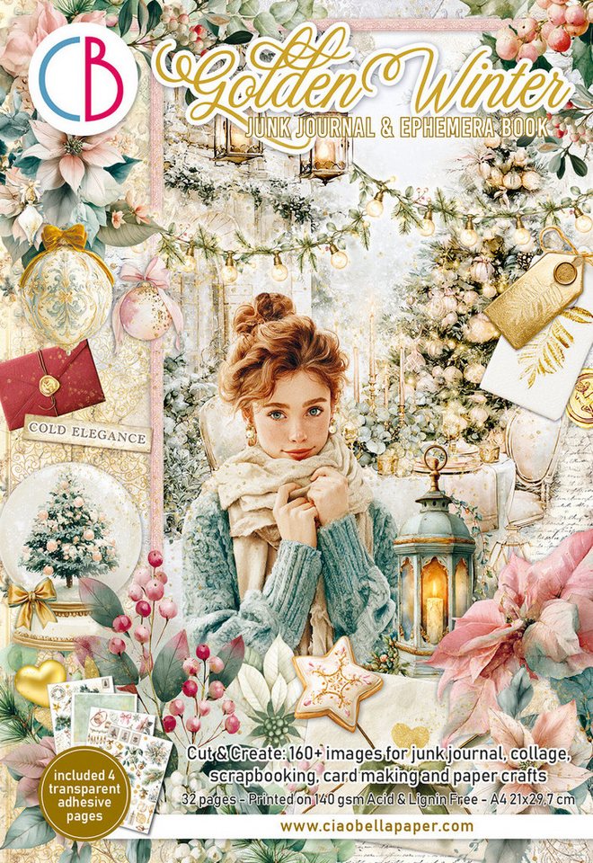 Ciao Bella Motivpapier Junk Journal & Ephemera Book Golden Winter, 16 Blatt
