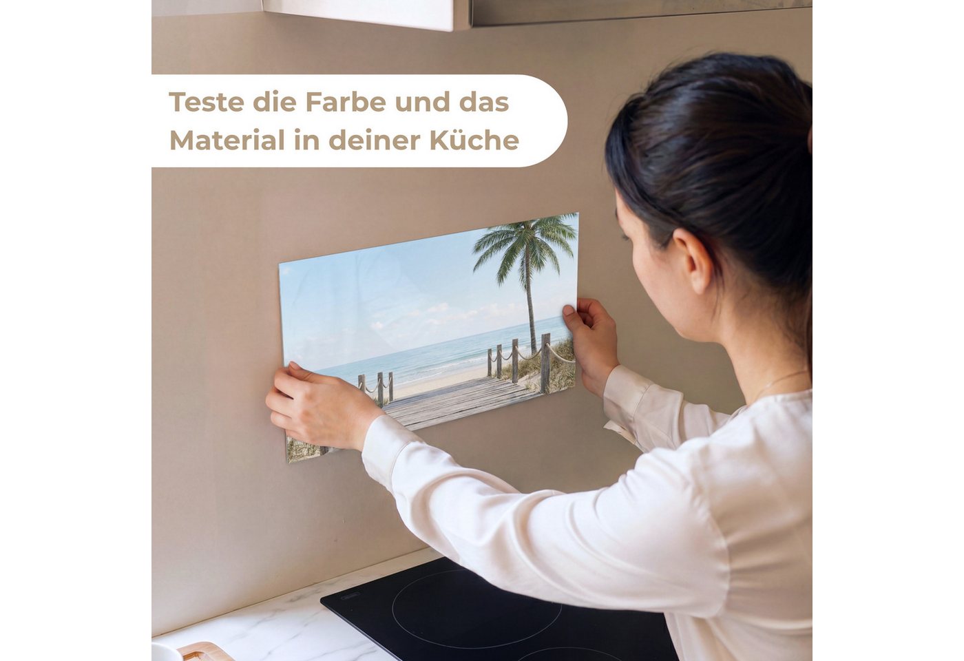 KitchenYeah Küchenrückwand Muster selbstklebend (keine Folie) Palmen - Weg - Horizont, (1-tlg), Spritzschutz, Küche, Rückwand, Küchenwand, Küchenfront, 30x20 cm