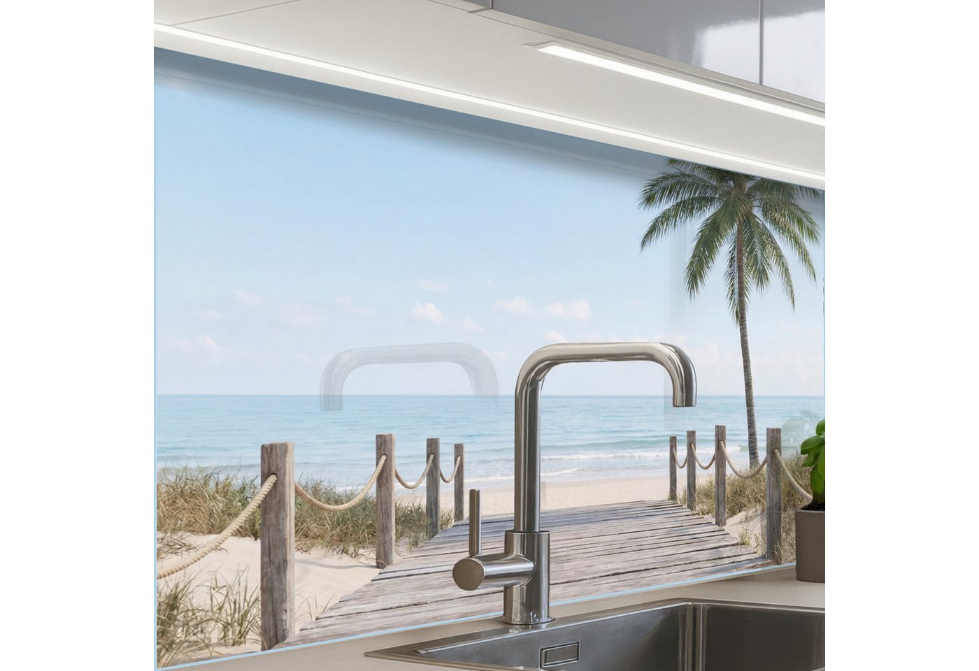 KitchenYeah Küchenrückwand Muster selbstklebend (keine Folie) Palmen - Weg - Horizont, (1-tlg), Spritzschutz, Küche, Rückwand, Küchenwand, Küchenfront, 30x20 cm Bild 3