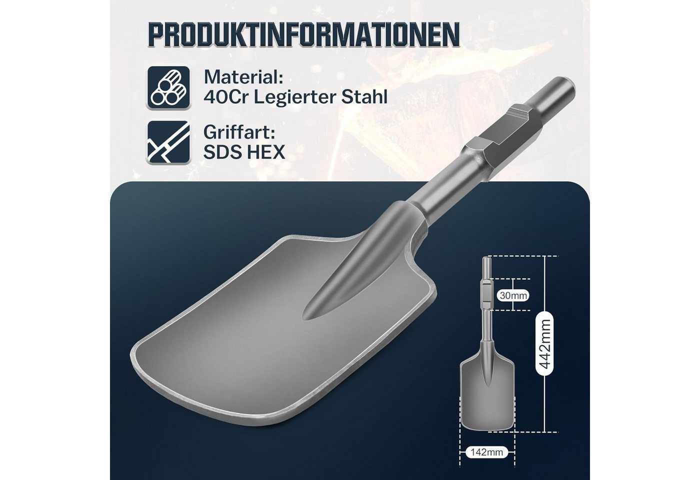 XERSEK Meißel-Set SDS HEX Schaufelmeißel Asphaltmeißel 140 x 440mm Boden Spatenmeißel, (Sechskant-Aufnahme 30mm, Abbruchhammer Kompatibel) Meissel für Mauerwerk, Asphalt & Erdreich Bild 3