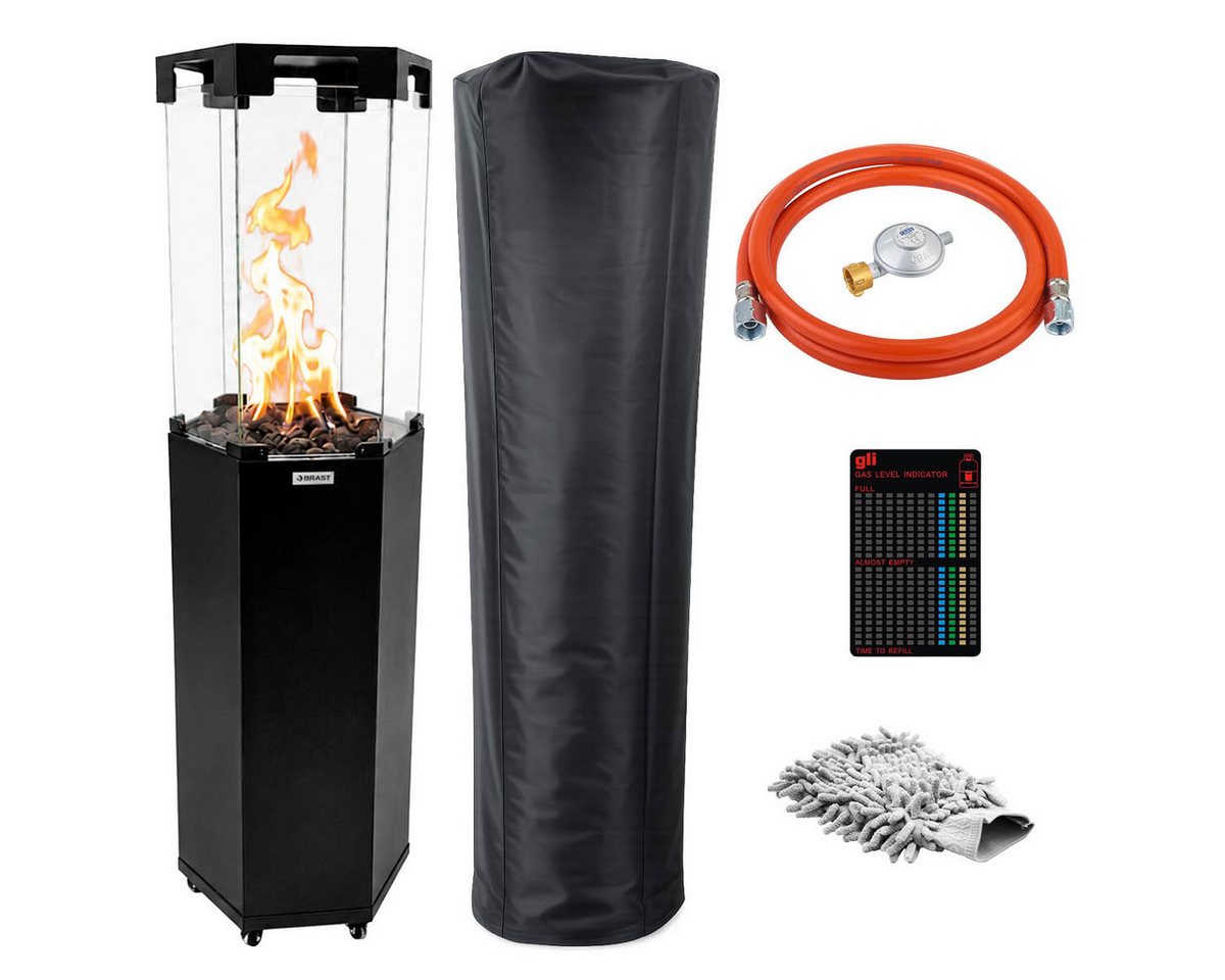 BRAST Heizstrahler Gasheizer FLAME, 2-stufige Heizleistung, 6-seitiges Feuerglas, 6-seitiges Feuerglas, inkl. XL Zubehör-Set, Piezo-Zündung