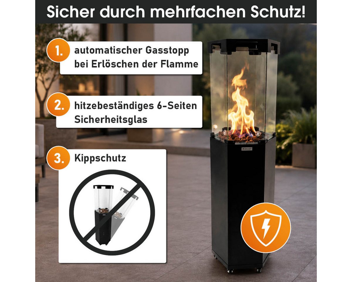 BRAST Heizstrahler Gasheizer FLAME, 2-stufige Heizleistung, 6-seitiges Feuerglas, 6-seitiges Feuerglas, inkl. XL Zubehör-Set, Piezo-Zündung Bild 2
