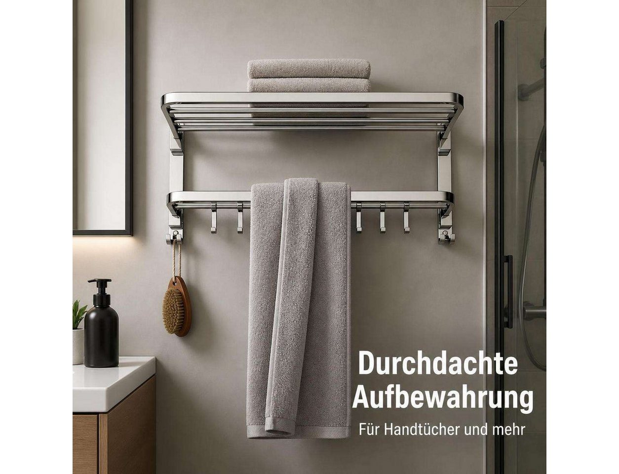 BBG Handtuchständer Handtuchhalter 58 cm aus Edelstahl 304, 2-stufig, klappbar, Handtuchregal mit Haken, zur Wandmontage zum Bohren oder Kleben Bild 2