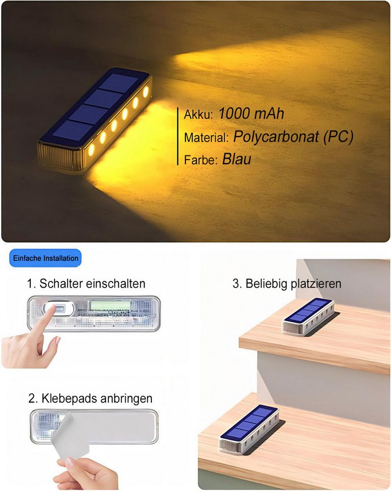 Futicare LED Solarleuchte LED Solarleuchte für Treppen Außen, 4er Set, wasserdicht, warmweiß, Solar Stufenlicht für Treppe, Garten, Weg, Terrasse Bild 5