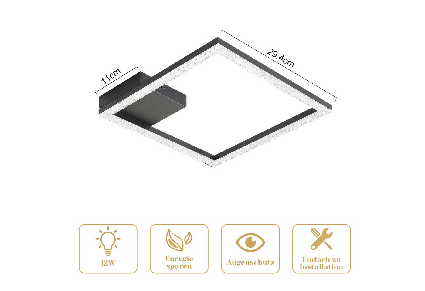 ZMH LED Deckenleuchte Wohnzimmerlampe -12W Warmweiß Kristall Metall Wohnzimmer Flur, Augenschutz, LED fest integriert, 3000k, Kristallschirm Design x Hochwertiges Material Schlafzimmer Flur Küche Bild 4