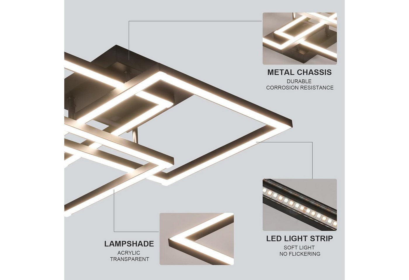 Riserva Deckenleuchten LED Deckenleuchte 48W Schwarz Quadratisch Dimmbar mit Fernbedienung, LED wechselbar Bild 2