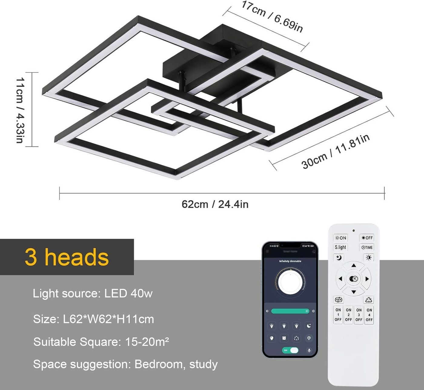 Riserva Deckenleuchten LED Deckenleuchte 48W Schwarz Quadratisch Dimmbar mit Fernbedienung, LED wechselbar Bild 5